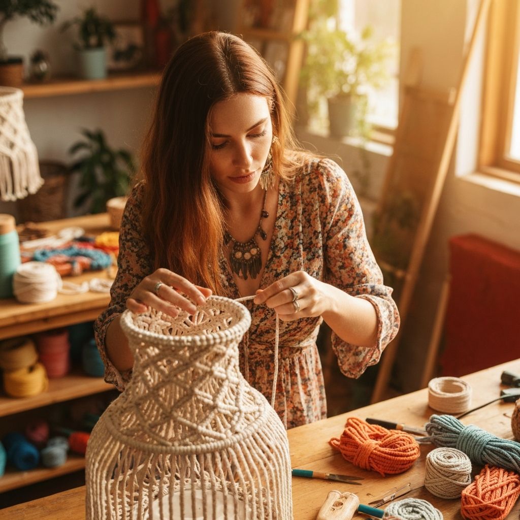 Мастер за работой над макраме абажуром